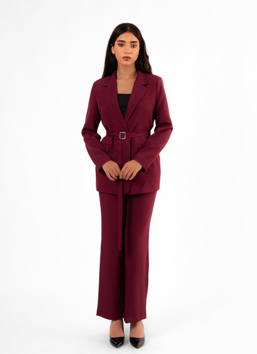 Veste tailleur bordeaux avec ceinture